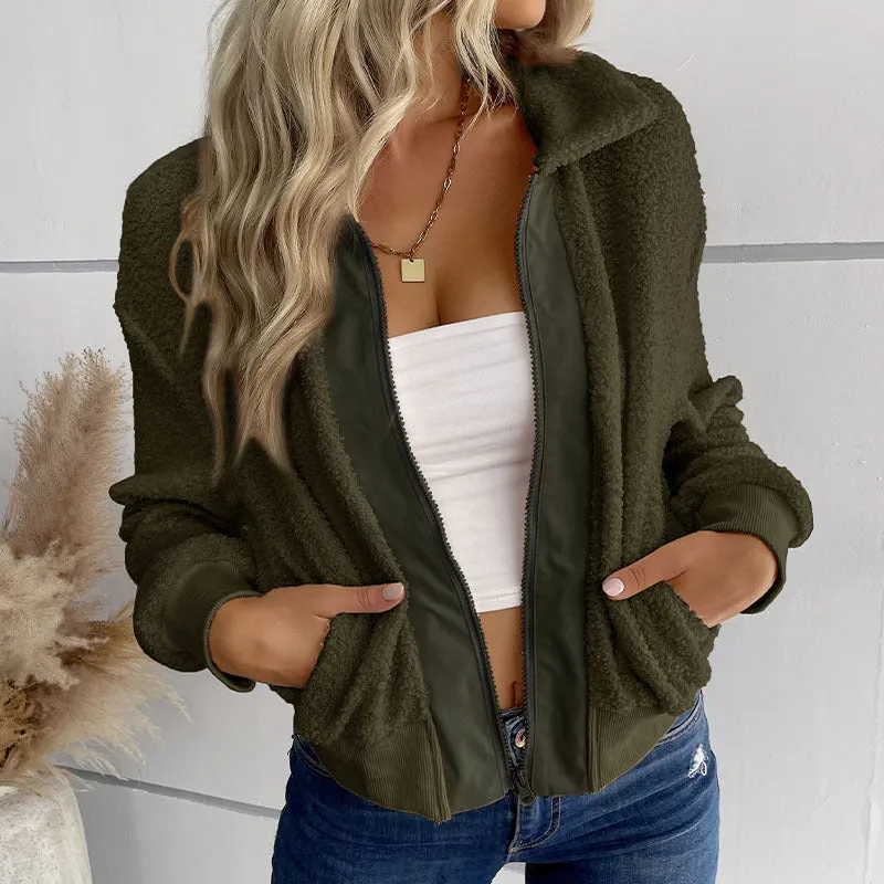 PEOPLETERRITORY women's clothing New autumn and winter new   trade lamb wool cardigan lapel zipper jacket