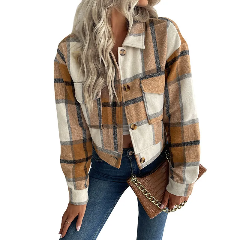 PEOPLETERRITORY women's clothing New3 autumn and winter   trade short plaid cardigan shirt retro jacket jacket