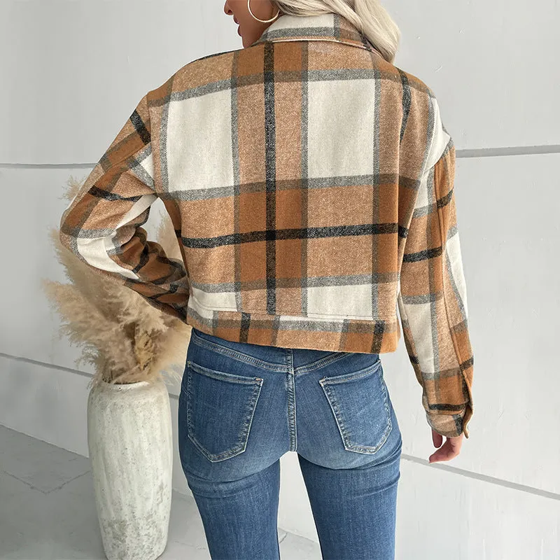 PEOPLETERRITORY women's clothing New3 autumn and winter   trade short plaid cardigan shirt retro jacket jacket