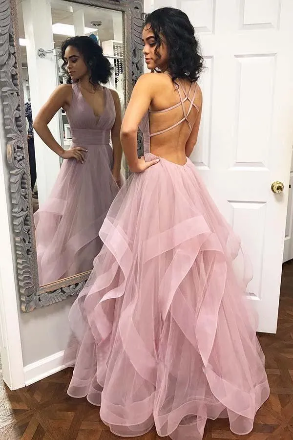 Pink Ruffled Tulle Long Prom/Evening Dress with Criss Cross Back PG823