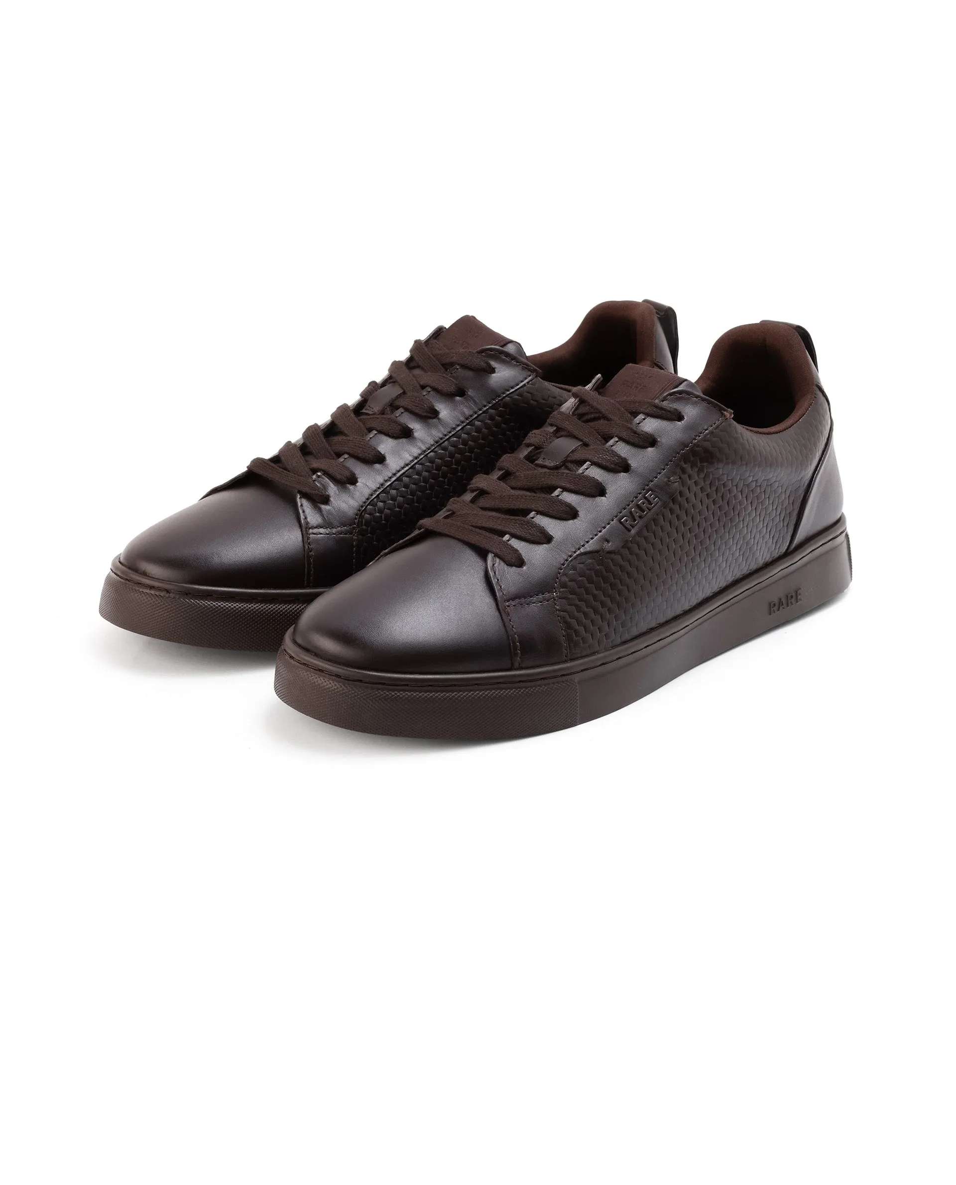 Rare Rabbit Mens Rapso Brown Round Toe Low-Top Embossed Lace-Up Sneaker Shoes