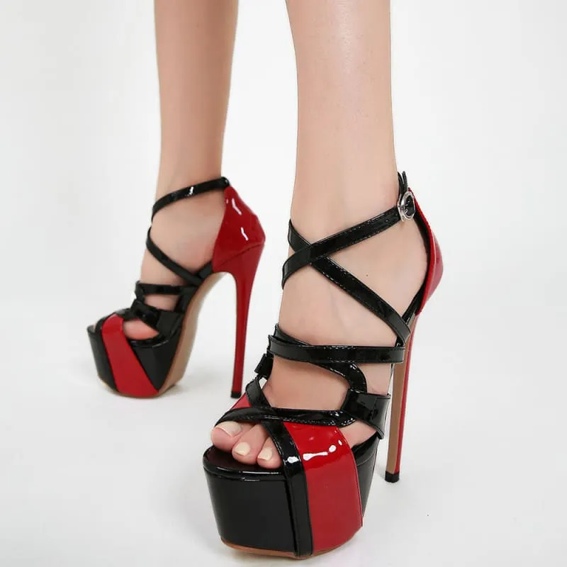 Red and Black Cross Buckle Women’s Platform Stiletto Strappy Sandals