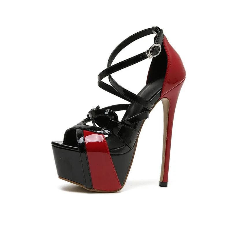 Red and Black Cross Buckle Women’s Platform Stiletto Strappy Sandals