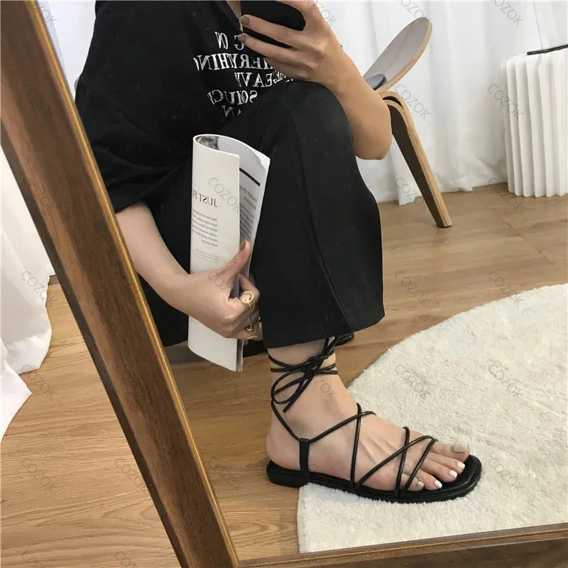 Sandals Women Summer New Beach Fashion Sexy Flat Casual Cross-Tie Open Toe Fairy Style Narrow Band Shoes Black Rome Sandals