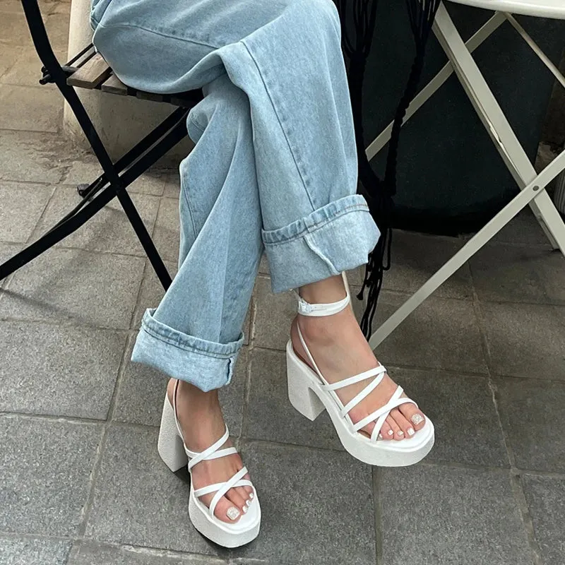 Sohiwoo 2024 Summer New Thick Heel Sandals with Waterproof Platform Open Toe Cross Strap Women's Fashion Roman Shoes