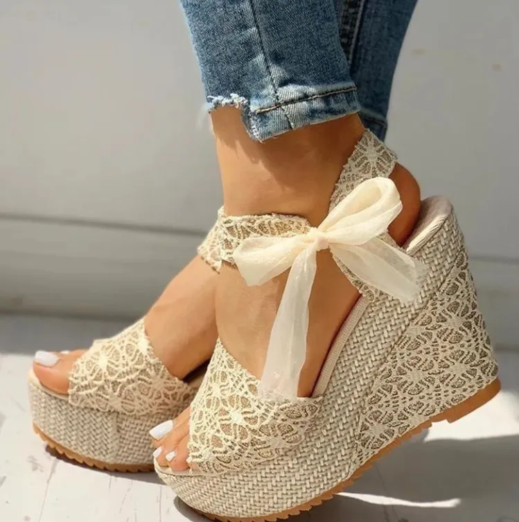 Sohiwoo Lace Leisure Women Wedges Heeled Women Shoes Summer Sandals Party Platform High Heels Shoes Woman