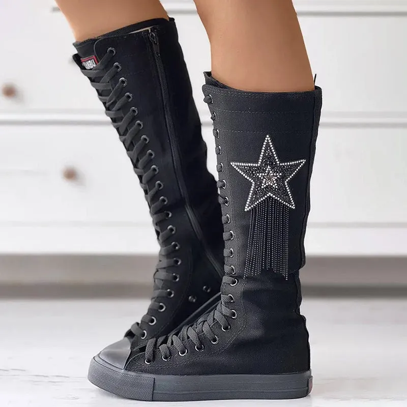 Sohiwoo  Women Rhinestone Star Lace Up Canvas Boots Knee High Sneakers Combat Boots