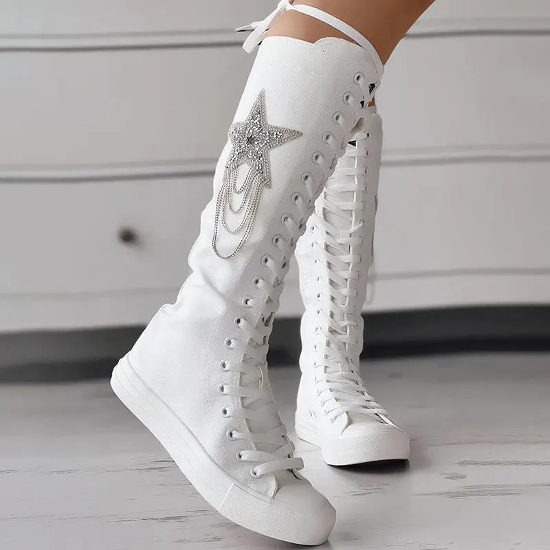 Sohiwoo  Women Rhinestone Star Lace Up Canvas Boots Knee High Sneakers Combat Boots