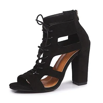 Spring Women Pumps Black Suede Fabric Cross Strap Platform High Thick Heel Hollow Sandals Ladies Shoes Wedding Lace Up Open Toe