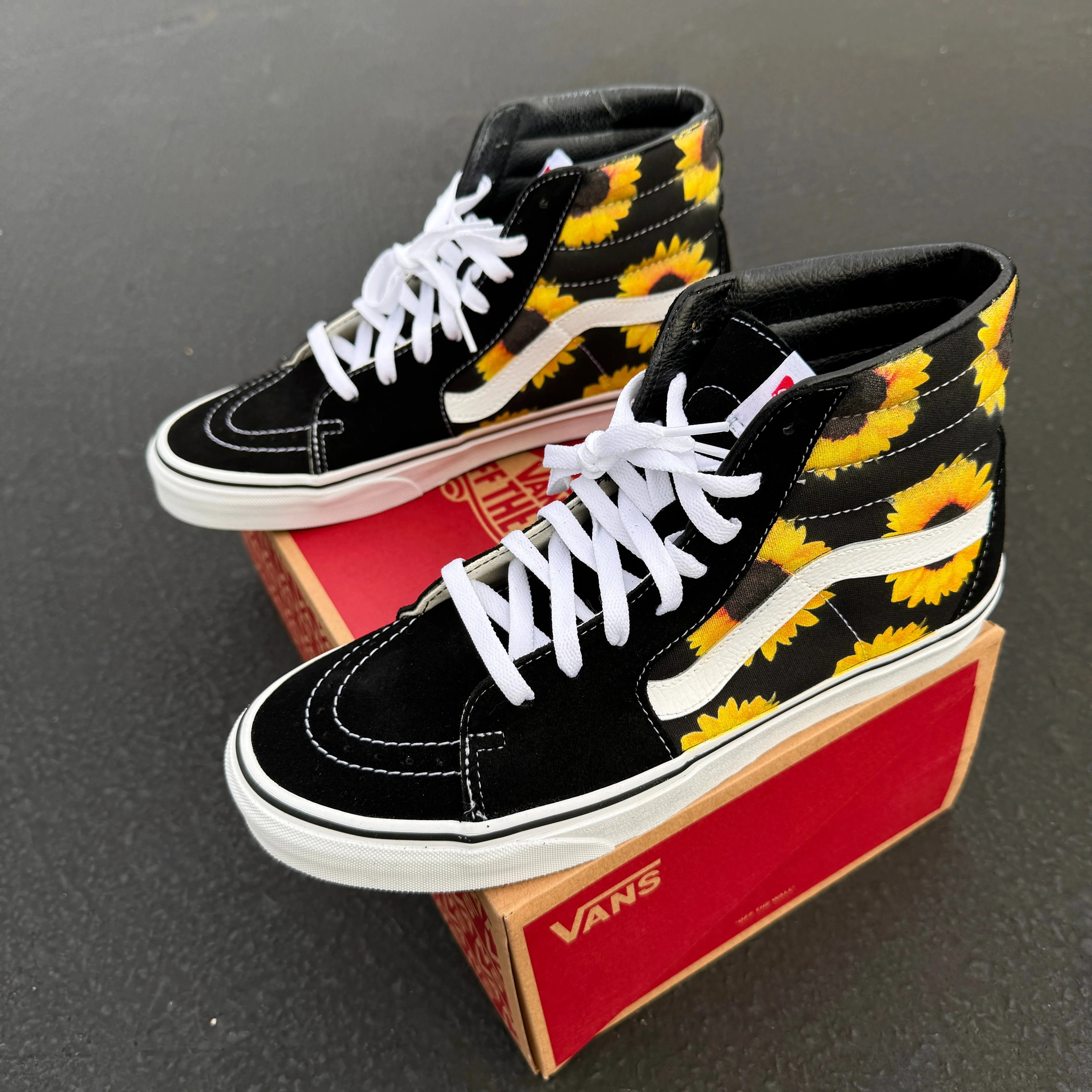 Sunflowers on Black Vans Sk8-Hi Shoes