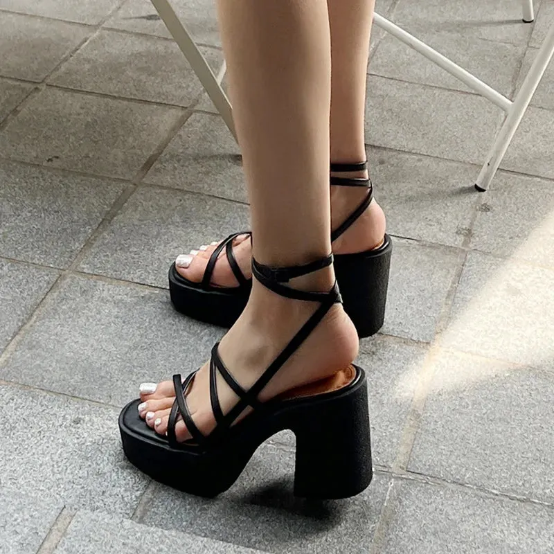 TAVIMART  -  Summer Women's Sandals Open Toe Cross Strap High Heels Platform Ladies Shoes Fashion Female Chunky Heels Woman Sandals