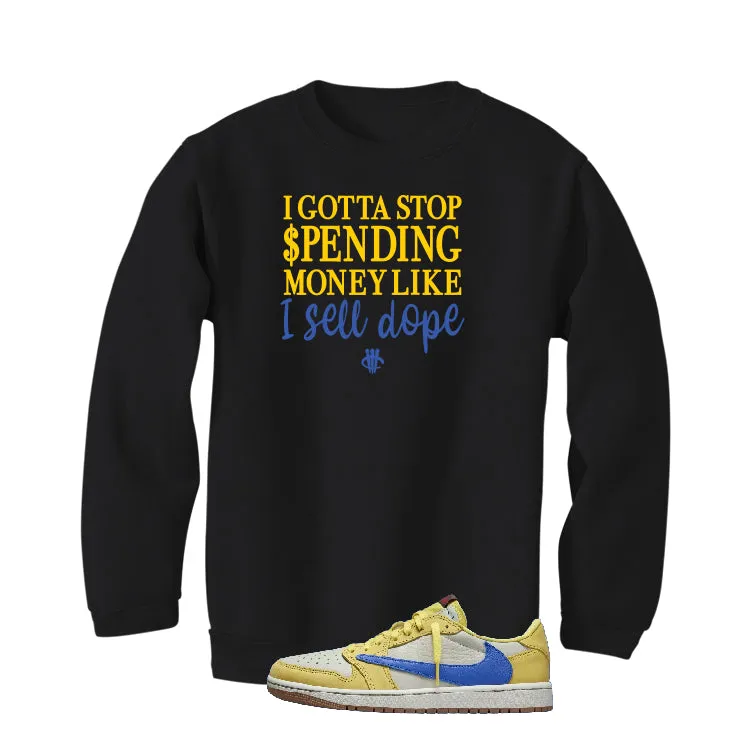 Travis Scott x Air Jordan 1 Low OG “Canary” | illcurrency Black T-Shirt (STOP SPENDING MONEY)