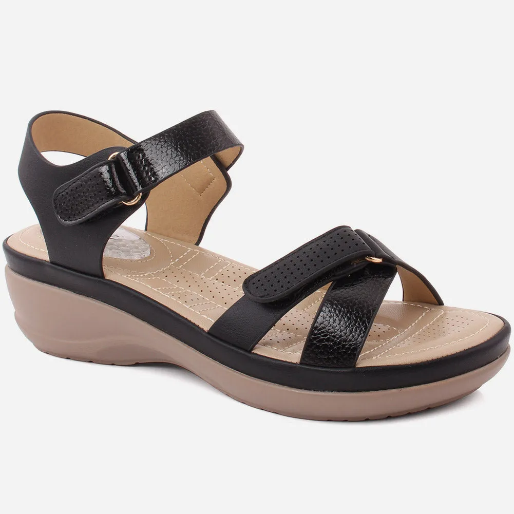 Women "SHELBY" Open Toe Crossover Velcro Toe Strap Glossy Comfort Sandals